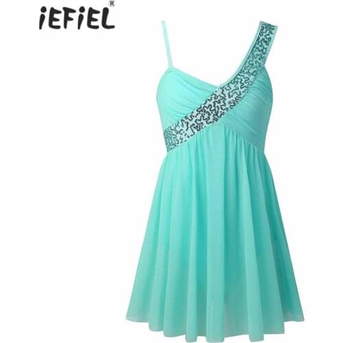 Kids Girls Sequins Sleeveless Irregular Shoulder Straps Flower Girl Dresses Figure Skating Ballet Dance Leotard Dress Dancewear