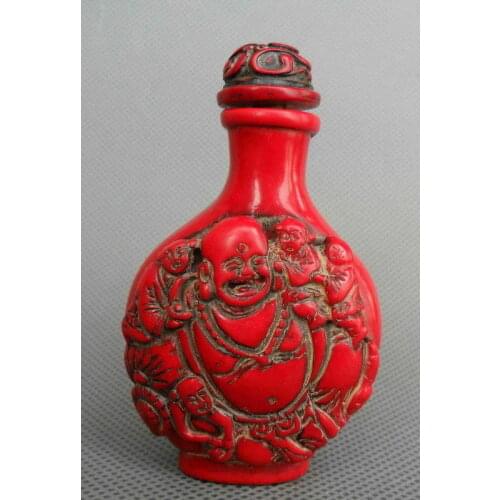 DELICATE CHINESE HANDWORK RED CORAL CARVE BUDDHA HOLD CHILD SNUFF BOTTLE