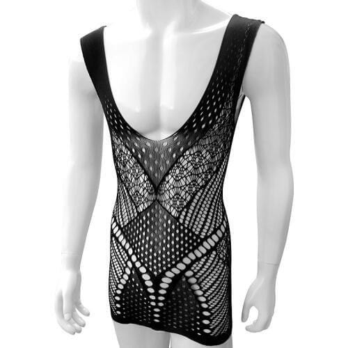 Clubwear Fish net Vestido Transparent Sissy Dress Babydoll Sheer Low Cut High Elastic Erotic Sissy Dress Lingerie Mens Bodysuit