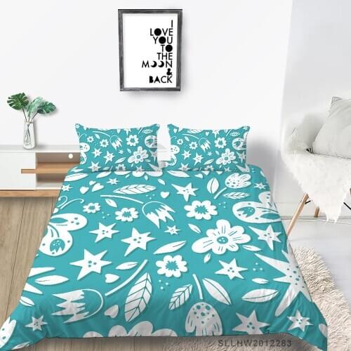 Creative Bedding Set Flowers And Leaves Duvet Cover Blue Double Twin Full Single King Queen Geometric Bed Set For Children