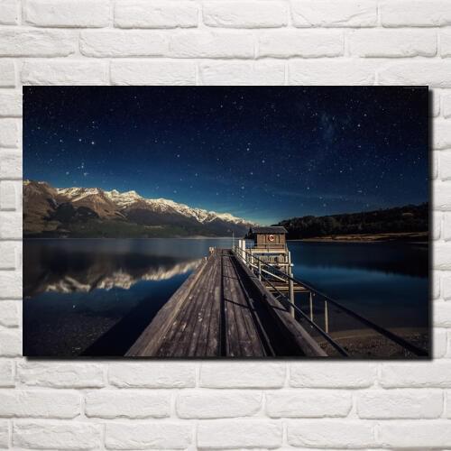 Night sky stars mountains bridge new zealand nature landscape KB201 living room home wall modern art decor wood frame poster