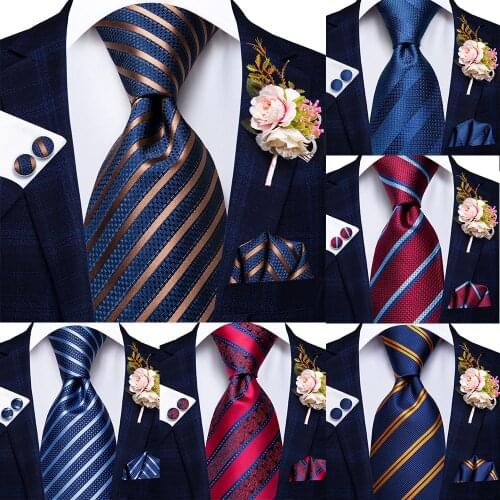 Hi-Tie Mens Tie Red Blue Gold Striped Silk Wedding Tie For Men Hanky Cufflinks Brooches Set Fashion Bussiness Party Dropshipping