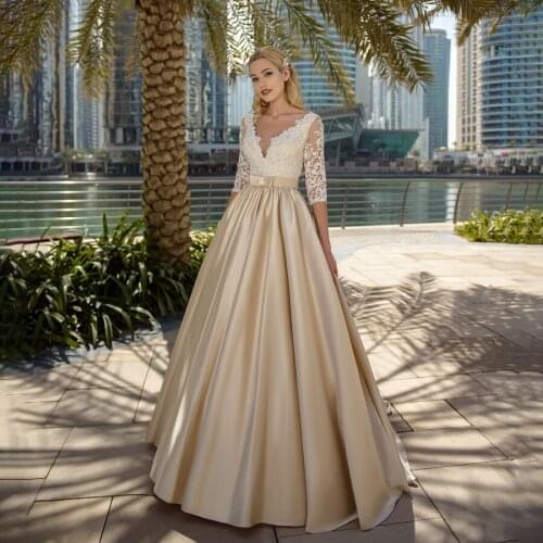 Sheer V-neck Empire Waist with Handmade Bow A-line Half Sleeves Wedding Dress Champagne Matte Satin Bridal Dresses