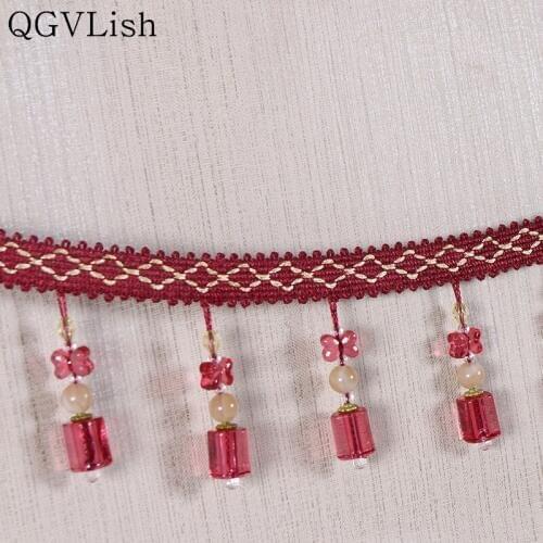 QGVLish 12M Beads Curtain Lace Trims Ribbon DIY Sewing Sofa Stage Lamp Valance Decor Lace Tassel Belt Ribbon Curtain Accessories