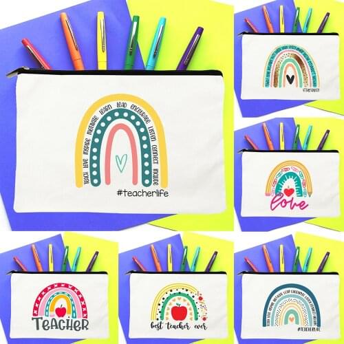 Teach Love Inspire Rainbow Teacher Cosmetic Pencil Bags Encourage Life Casual Zipper Makeup Organizer Toiletry Pouch Gift Purse