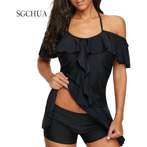 Plus Size Swimwear Women Black Tankini Tummy Control Swimwear Tank Top Retro Solid Swimsuit With Shorts Two Piece Bathing Suit