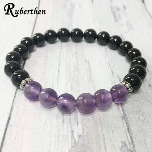 Ruberthen A Grand 8 mm Black Onyx Crystal Bracelet Purple Amethys t Bracelet Energizing the Heart Chakra Yoga Jewelry