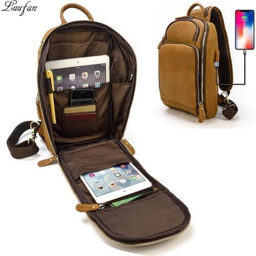 Mens Chest Pack Crazy Horse Genuine Leather Single Messenger Bag Multifunction USB Charging iPAD Crossbody Travel Bag sling bag