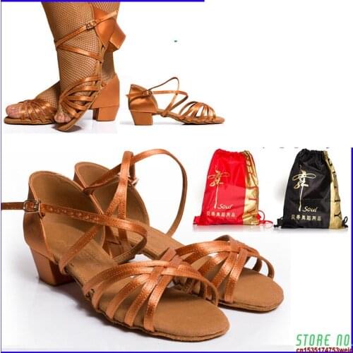 Dance shoes Christmas Gift 603 Ballroom latin dance shoes for Girls Children kids HEEL 3.5cm Satin Free shoes bag Discount