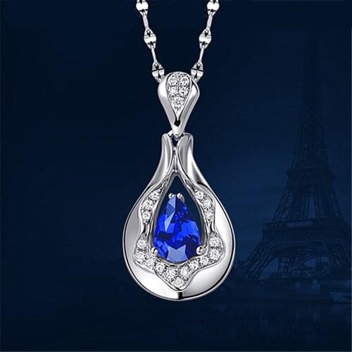 Top Quality Silver Plated Clavicle Necklace Female Jewelry Luxury Crystal Blue Water Drop Penadnt Necklace Women Present