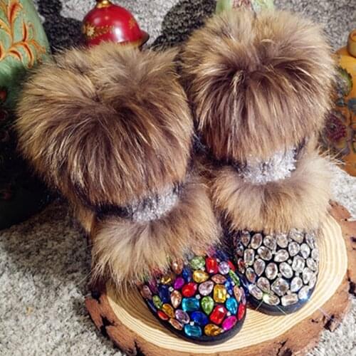 Womens Real Fox Fur Rainbow Colors Crystal Diamond Rhinestones Ankle Boots Bowknot Snow Warm Winter Flats Bling Shoes Luxury DIY