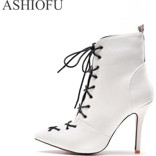 ASHIOFU 2020 New Ladies High Heel Boots Pointy Lace-up Ankle Boots Party Prom Fashion Dress Evening Daily Wear Boots Shoes