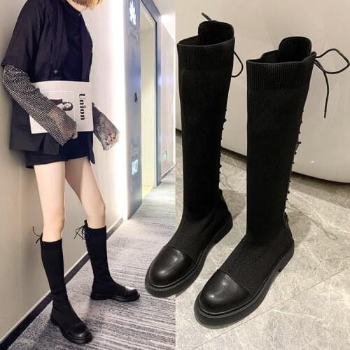 Stretch Knit Mid-tube Boots Women 2021 New Small But Knee-high Knight Boots Stocking Boots