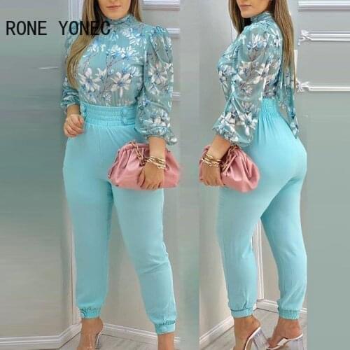 Women Floral Print Long Sleeve Blouse With Pants Suit Sets Summer Vacation Suit