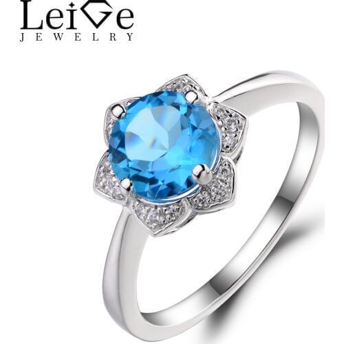 Leige Jewelry Swiss Blue Topaz Engagement Wedding Rings 925 Sterling Silver Ring Round Cut Gemstone November Birthstone Rings