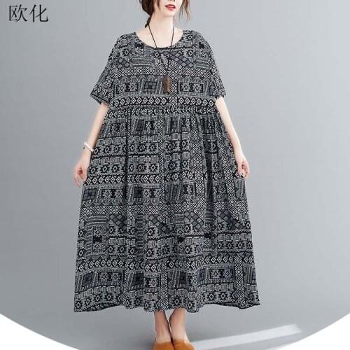 Women Summer Dress Plus Size Cotton 4XL 5XL 6XL Linen Maxi Dress Robe Female Ethnic Print Boho Beach Sundress Vestidos 2020 New