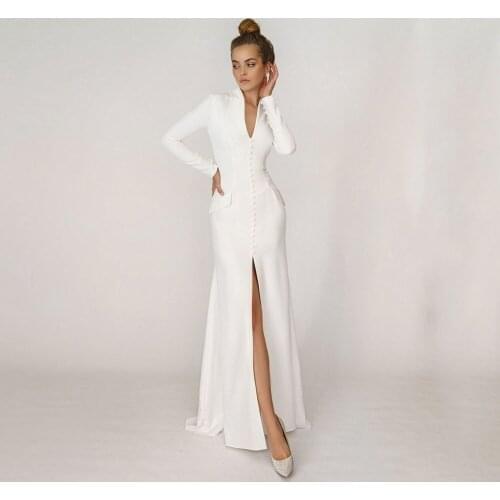 UZN Chic Ivory Mermaid Satin Bridal Gowns High Collar Long Sleeves Wedding Gowns High Split With Pockets Brides Dresses Vestido