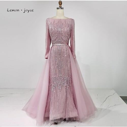 Lemon Joyce Muslim Long Sleeves Sexy Mermaid Evening Dresses 2021 with Removable Overskirt Elegant O-neck Beading Formal Dress
