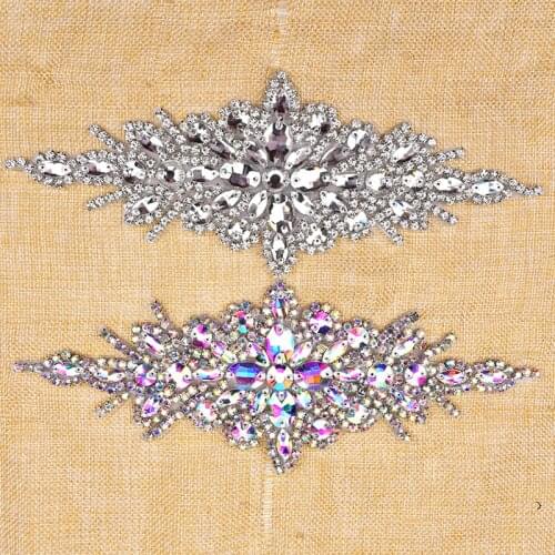 1PCS Hand beaded silver bridal wedding crystal rhinestone appliques for wedding dresses sash DIY iron on