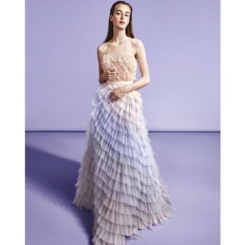 2019 Latest Fashion Show Runway Dress Off Shoulder Pinkbeige Gradient Mesh Long Dress Elegant Celebrity Evening Party Vestidos