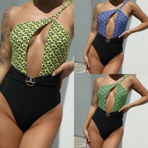 One Piece Leopard Swimsuit Sexy Women Cut Out Swimwear Female Push Up Monokini One Shoulder Plunge Bathing Suit String Bodysuit