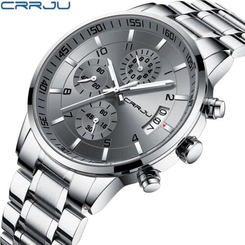 CRRJU Luxury Quartz Watches for Mens Casual Chronograph and Date Clock Top Brand Wristwatches Male grey