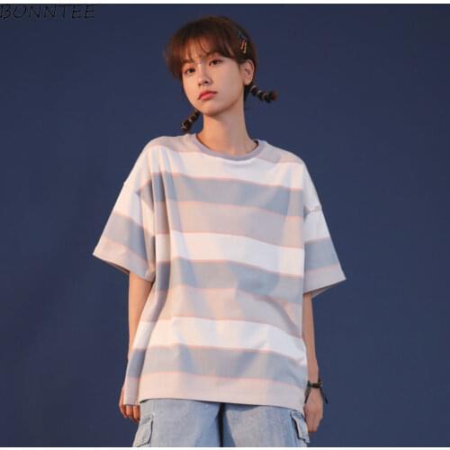 T-shirts Women Striped Harajuku Clothing Design Kawaii Chic Soft Streetwear Feminino Summer Trendy Korean Style Simple All-match