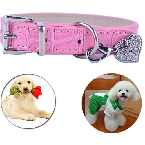 Croc Leather Dog Collar With Rhinestones Heart Shaped Tag Charm Pink Black Blue White Color Dog Necklace Small Pet Supplies