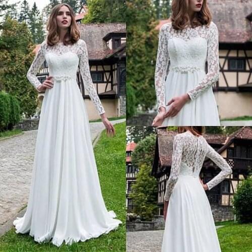 Long Sleeves Lace Wedding Dresses A-Line Chiffon Beaded Belt Sweep Train Vestido De Noiva 2021 Simple Floor Length Bridal Gowns
