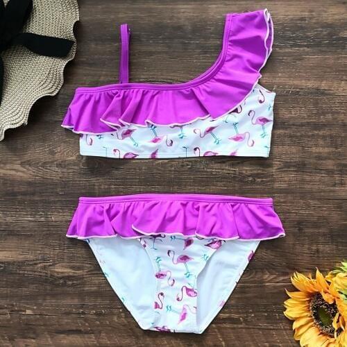 3-14 Years Baby Girl Swimsuit Kids Flamingo Two Piece Childrens Swimwear Falbala Teenager Girl Bikini Set Girls Bathing Suits