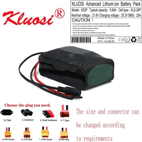 KLUOSI 6S2P 24V 5.8Ah 21.6V 6Ah 25.2V Lithium Battery Pack for Electric Bicycle Ebike Scooter Wheelchair Cropper with 25A BMS