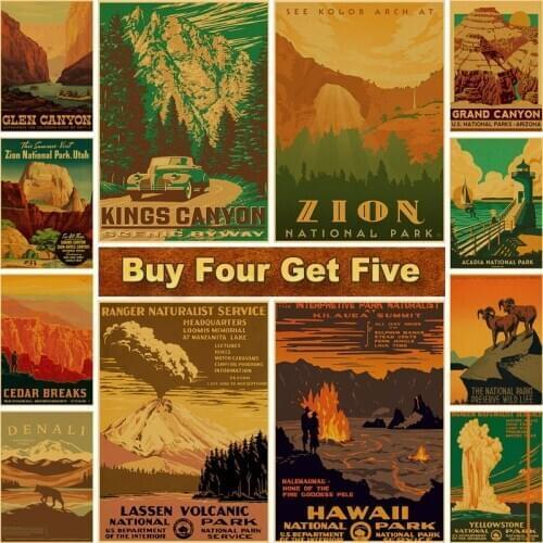 World National Park Landscape Retro Poster Vintage Kraft Paper Travel Posters Wall Decor for Home Bar Cafe Kid Room Art Painting