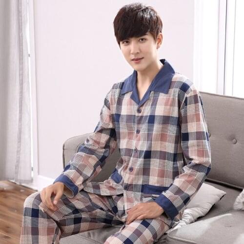2021 New Autumn Spring Plaid Print Full Pure Cotton Men Pajamas Set of Sleep Tops & Bottoms Fashion Sleepwear Thermal Nightgown