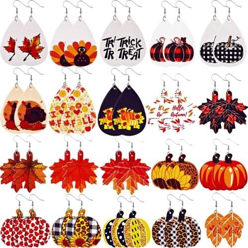 Fall Faux Leather Teardrop Earrings Plaid Pumpkin Sunflower Maple Leaves Autumn Jewelry Thanksgiving For Women Holiday Accessory