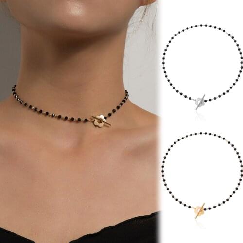 Crystal Black Beads Choker Necklaces For Women Girls Elegant Luxurious Style Flower Pendant Necklace Fashion Jewelry Gifts