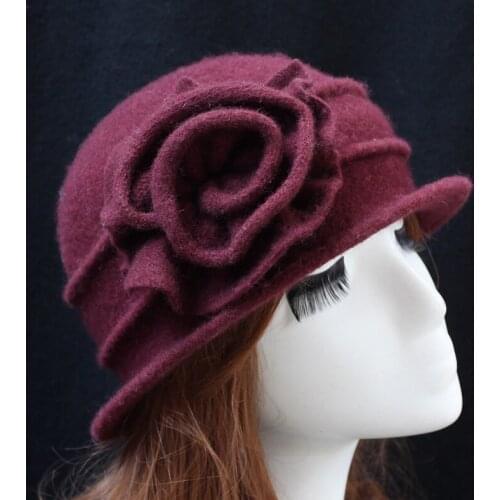Fashion Vintage Women Bucket Hat Solid Color Flower Decoration Autumn Winter 100% Wool Cap Elegant Ladies Girls Hats