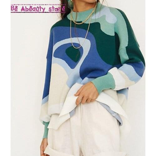 Women Pullover Knit Sweater Spring Autumn New Design Blue White Printed Soft Loose Tops Lady Long Sleeve Sweaters