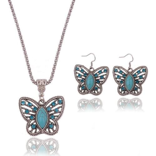 Retro Turquoise Butterfly Jewelry Sets 925 silver Pendant Earring Necklace Fashion Chain Handmade Amulet Gifts for Her Woman