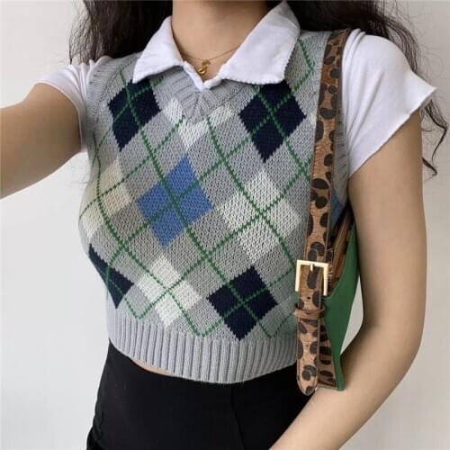 Retro Slim Fit Plaid V-Neck Sleeveless Sweater Crop Tops Pullover Korean Style Fashion Knitted Vest Contrast 90s Vintage Clothes