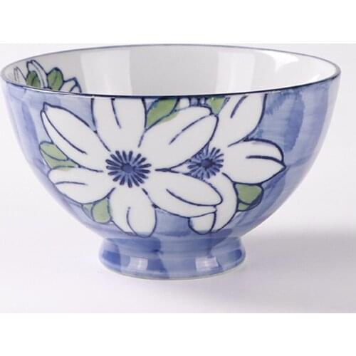 Hand Painted Underglaze Color Ceramic Bowl Blue Flower Tableware Non-slip Bowl for Noodle Rice Soup Dessert