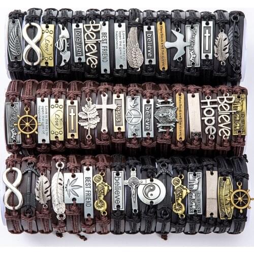 Handmade Vintage Punk Weaved Briaded Cross Anchor Leaf Adjustable Wrap Charm Genuine Leather for Men Gift Trendy pulseras mujer