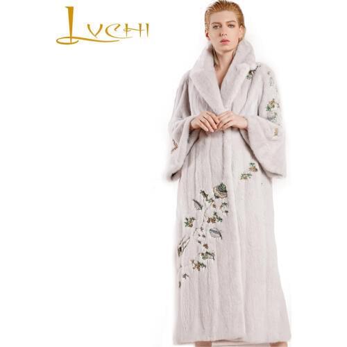 LVCHI Winter 2019 Real Mink Fur Coats Womens Long Sleeve Slim Beading Turn-Down Collar Import Swan Velvet X-Long Mink Fur Coats