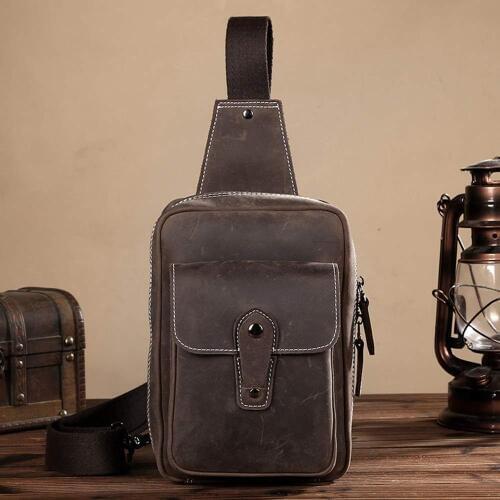 Vintage Mens real Leather chest bag Business Casual Outdoor Sling Bag HR-32110