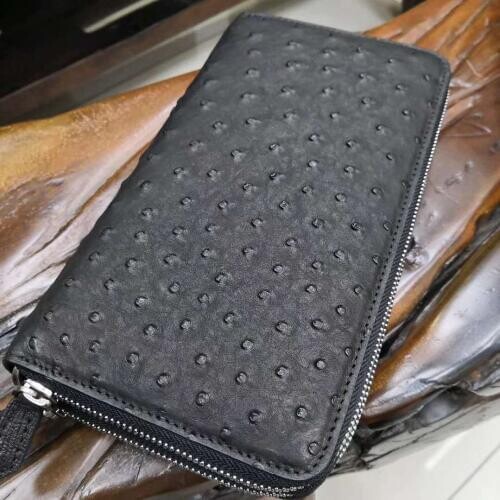 High End Soft 100% Genuine ostrich skin leather long size men wallets and purse with YKK zipper closure bank credit card holder
