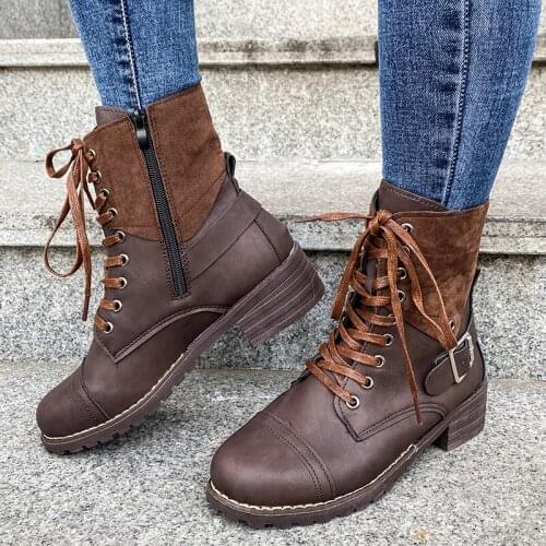 Women Boots Autumn Winter Fashion Warm Boots Retro Motorcycle Boots Women Square Heel Lace-up Mid-calf Boots Gladiators Shoes