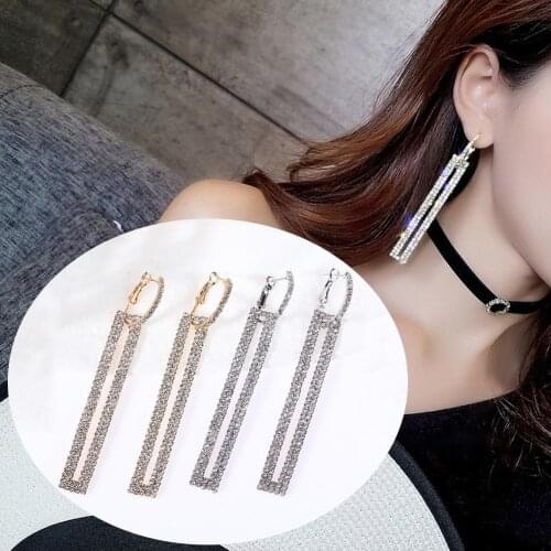 Women Rhinestone Inlaid Hollow Rectangle Long Geometric Dangle Earrings Jewelry