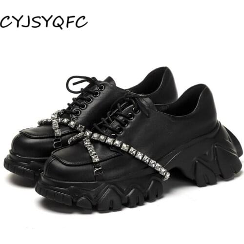 CYJSYQFC Genuine Leather Thick Bottom Crystal Beading White Women Sneakers Round Toe Lace Up High Heels Ladies Vulcanized Shoes