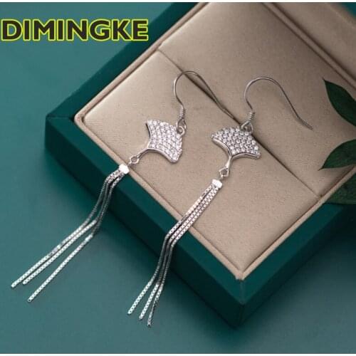 DIMINGKE S925 Sterling Silver High Carbon Diamond Tassel Earrings Wedding Party Womens Fine Jewelry