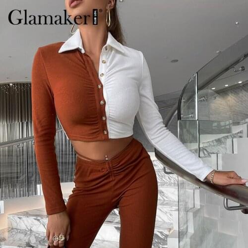 Glamaker ZA Khaki Color block pants suits Knitted slim top and hollow out Straight-leg pants Women casual winter casual sets new