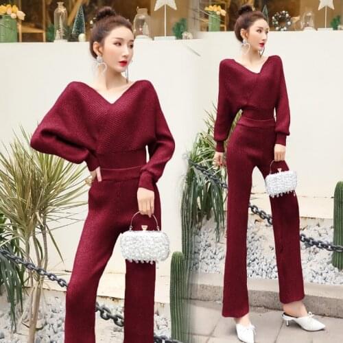 Winter Knitted 2 Pieces Set Batwing Sleeve Sexy V Neck Soft Pullover Sweater+ Wide-leg Pant Sets Autumn Women Tracksuit Outfits